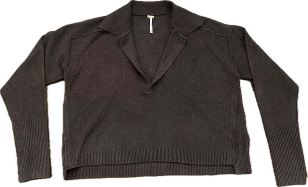 Free People Around Town Polo Sweater Chocolate Brown Open V-Neck Slouchy NWOT